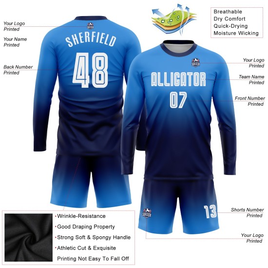 Maillot de sublimation à manches longues, blanc poudre, bleu marine, dégradé, uniforme de football, personnalisé Maillot de sublimation à manches longues, blanc poudre, bleu marine, dégradé, uniforme de football, personnalisé