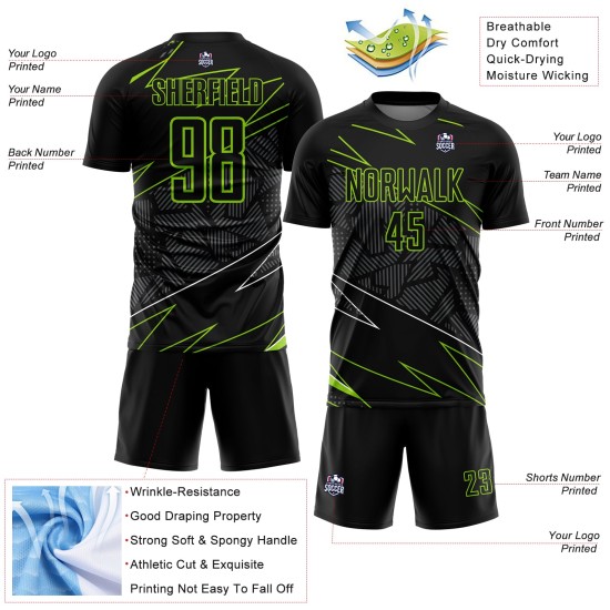 Maillot de football vert uniforme lignes sublimation noir néon personnalisé Maillot de football vert uniforme lignes sublimation noir néon personnalisé